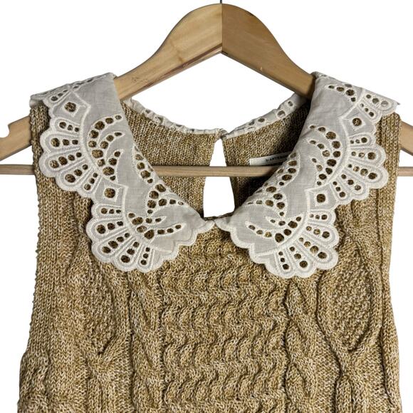 Anthropologie Beige Sleeveless Lace Collar Preppy Cable Knit Sweater Size XS - Picture 3 of 8